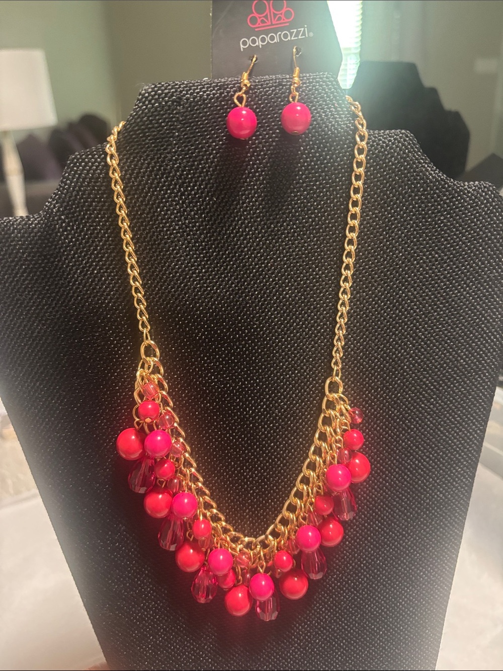 Paparazzi Gold Chain Necklace & Earrings - Hot Pink Bead Cluster
